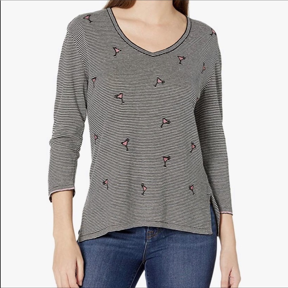 NWT Nic + Zoe Grey Cosmo Stripe Linen Blend Pullover Sweater Size Medium